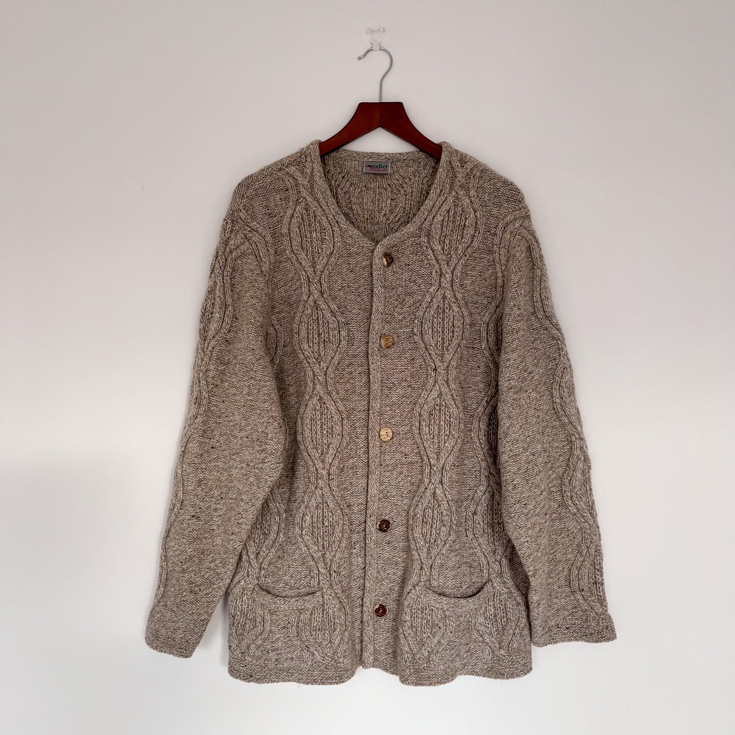 Beige cable knit wool cardigan