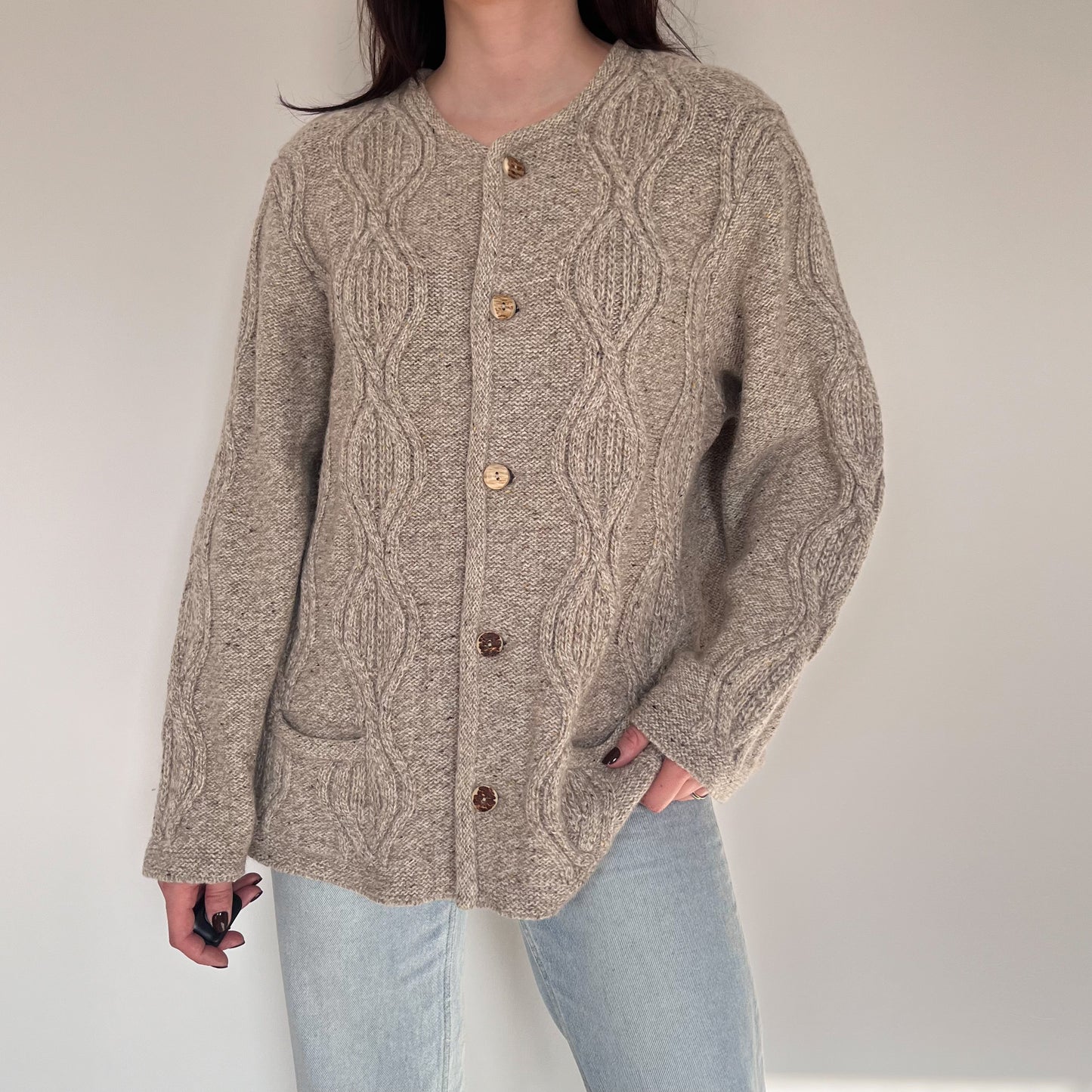 Beige cable knit wool cardigan