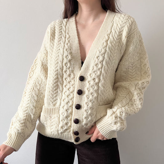 Cable knit merino wool cream cardigan