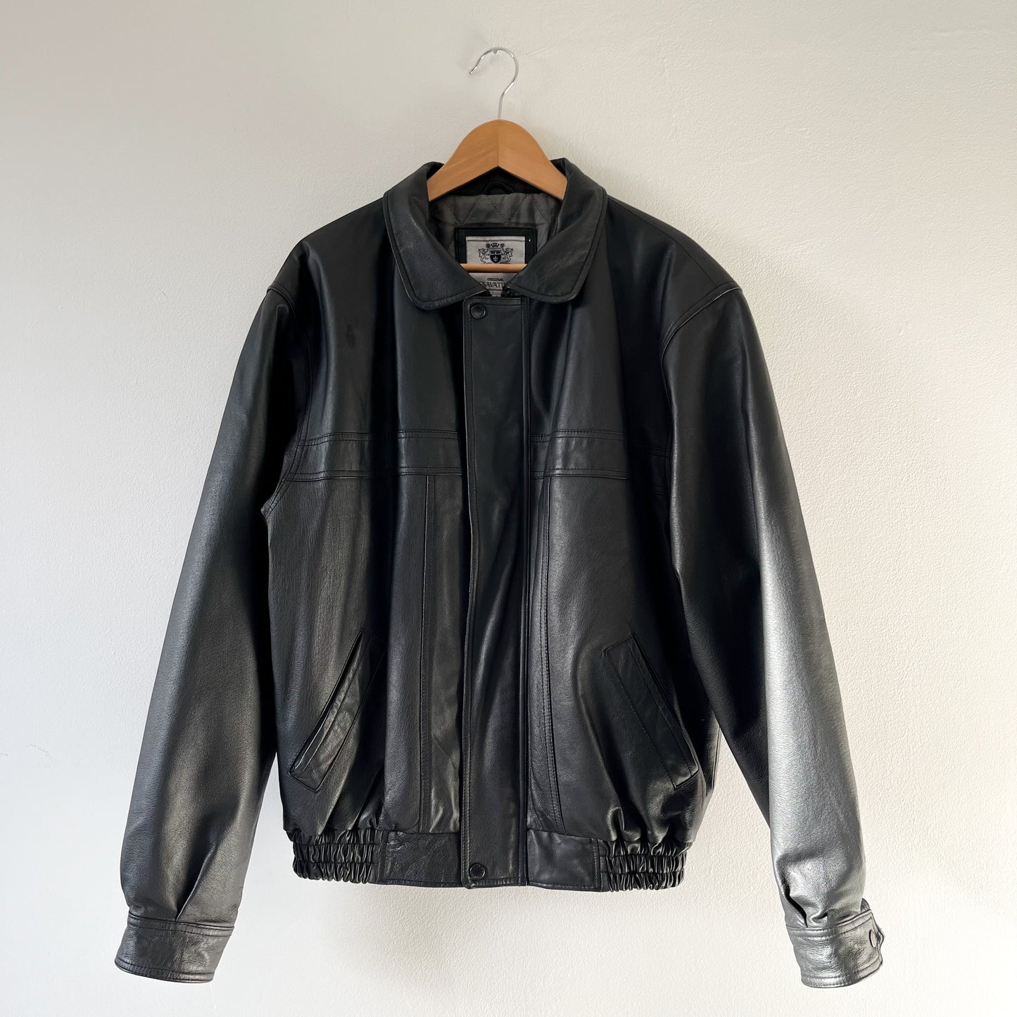 Black leather bomber jacket