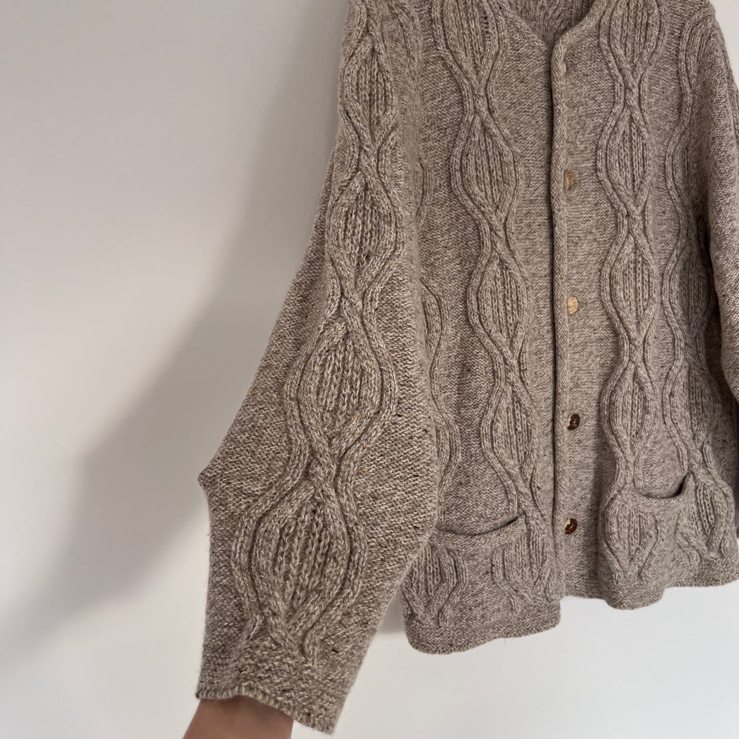 Beige cable knit wool cardigan