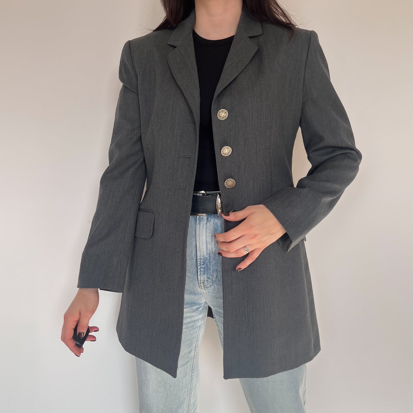 Grey wool blazer with velvet details