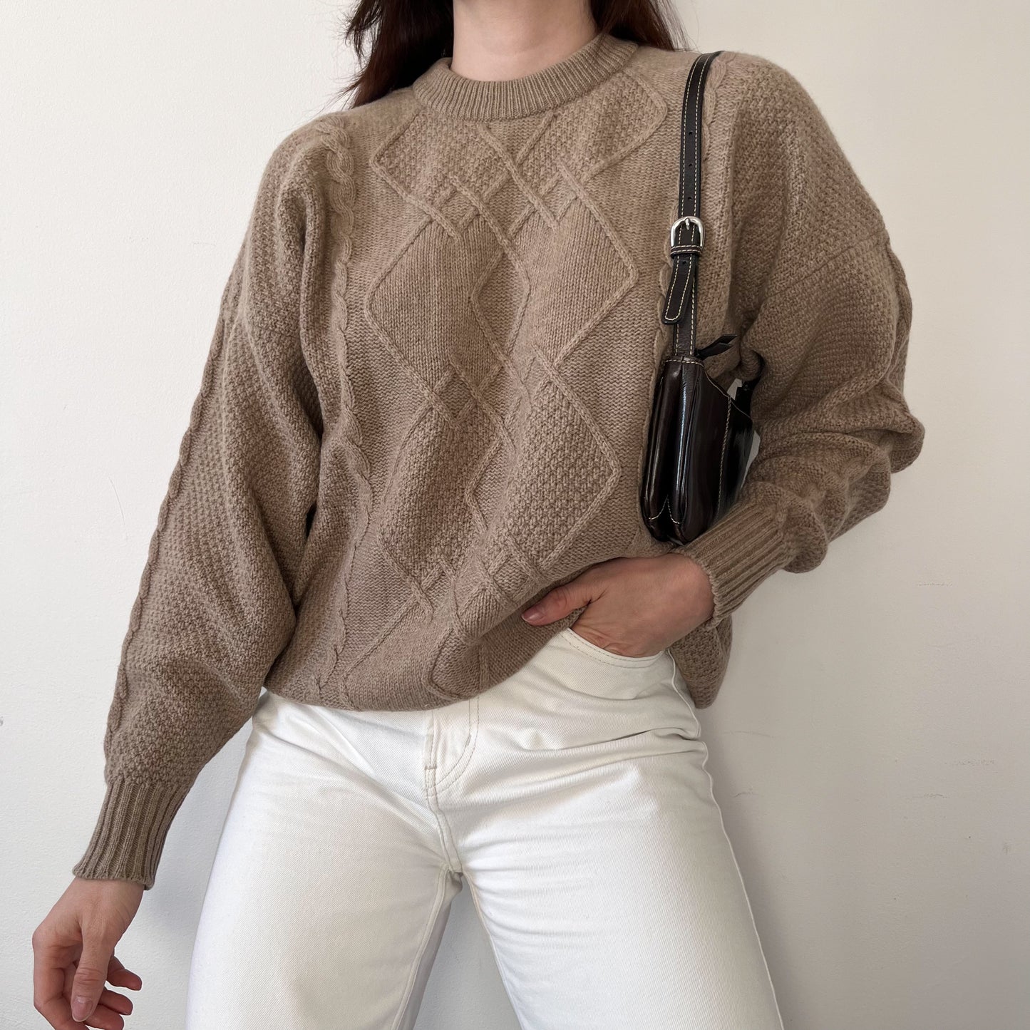 Cable knit beige wool jumper