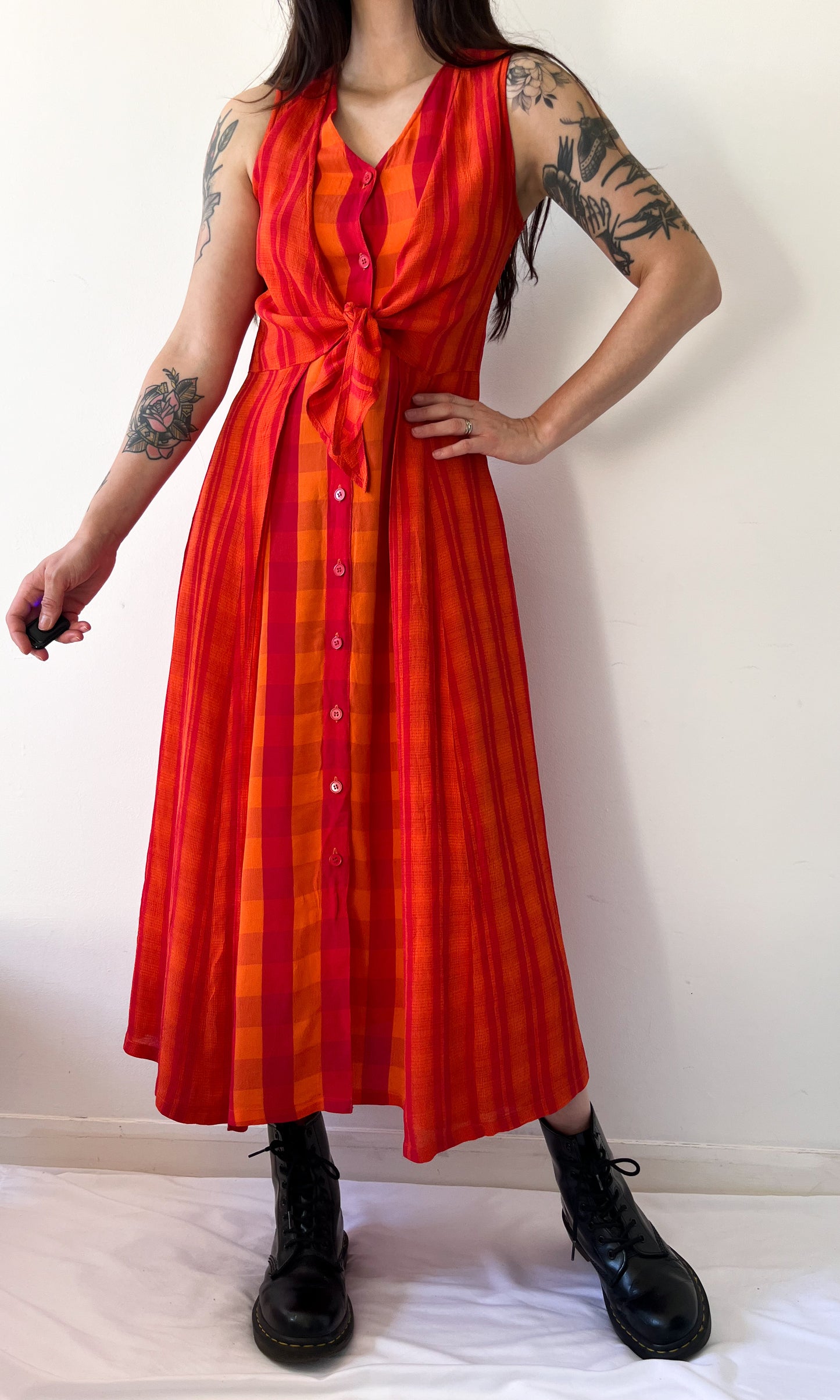 Orange and red checkered midi dress