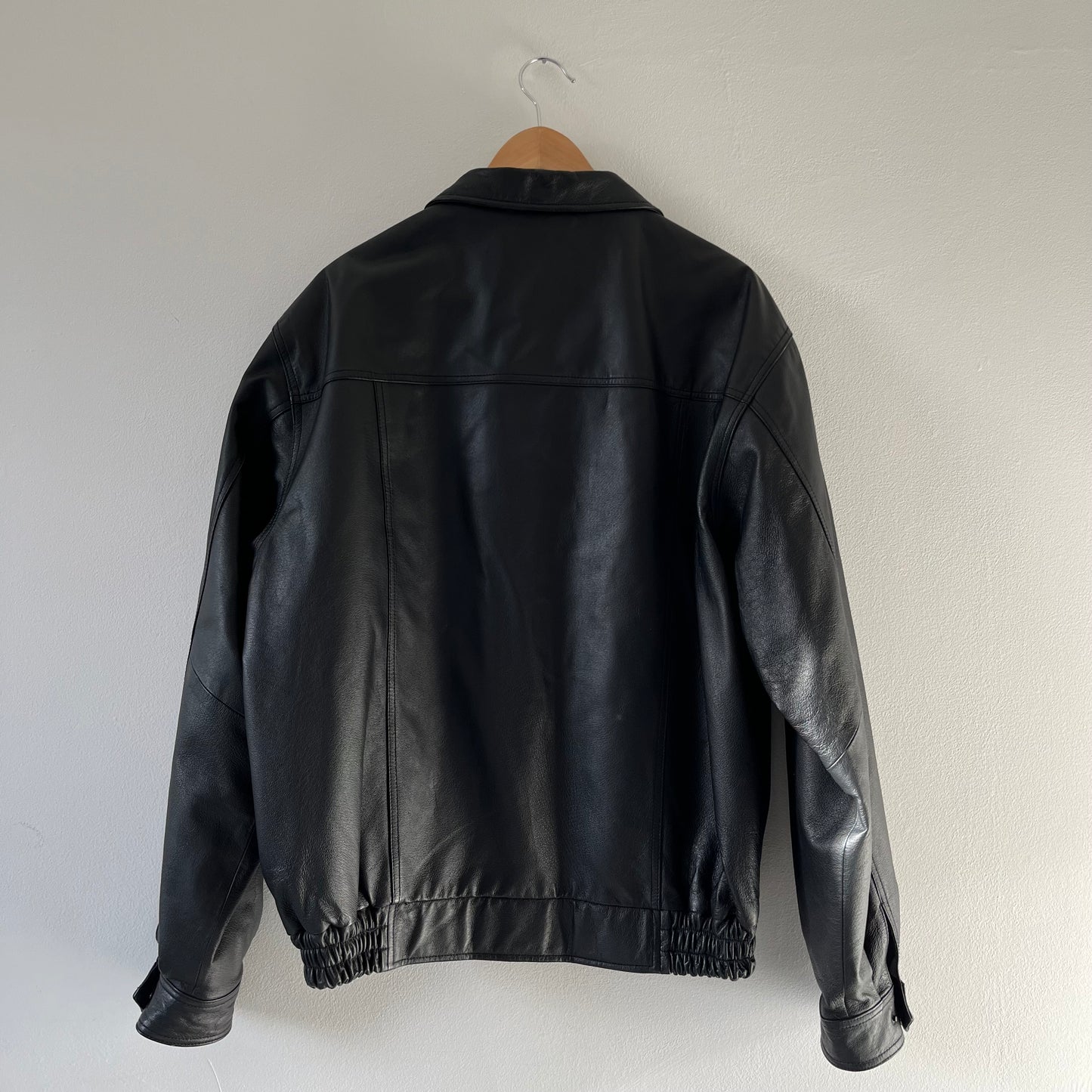 Black leather bomber jacket