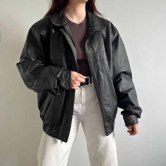 Black leather bomber jacket