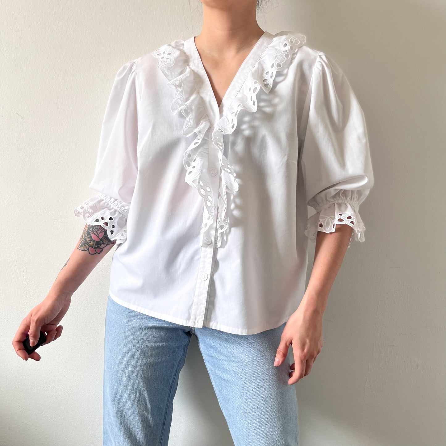 Vintage white blouse with ruffled neckline