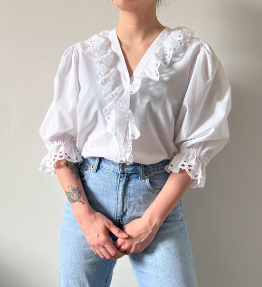 Vintage white blouse with ruffled neckline