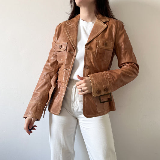 Brown leather jacket with belt