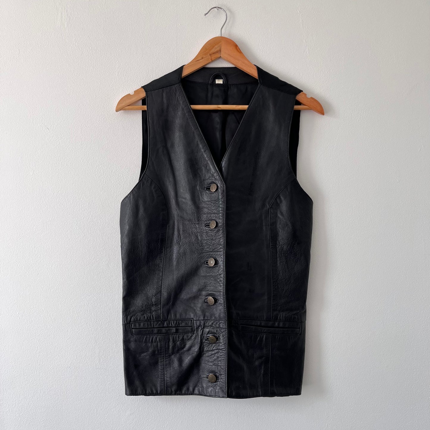 Vintage black longline 100% leather waistcoat