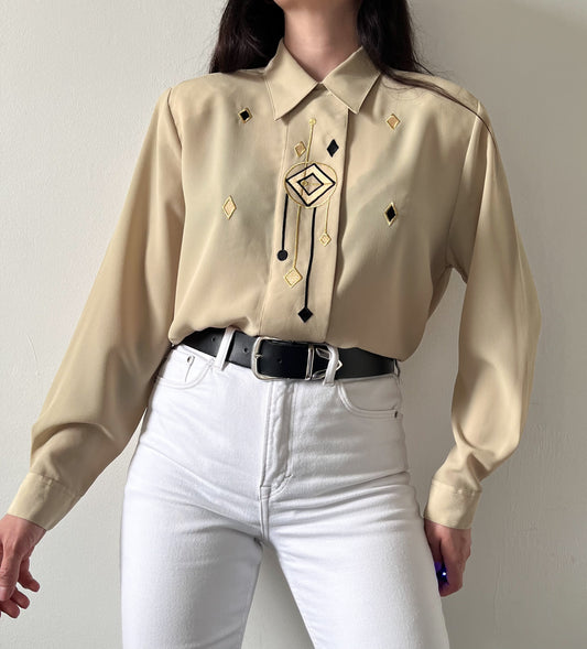 Vintage green beige blouse with embroidery