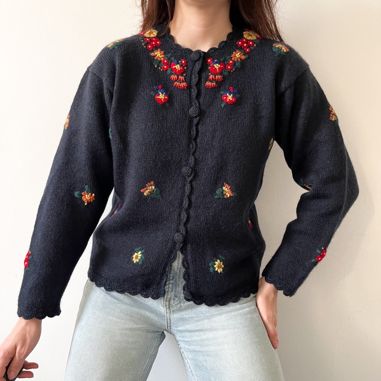 Floral embroidered wool cardigan